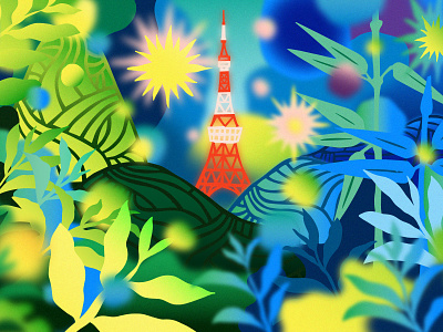 Reaching for Tokyo Tower airline art bamboo digital illustration dreams dreamy editorial illustration fields hills illustration japan landscape outdoors paper art papercut texture tokyo tower travel traveling
