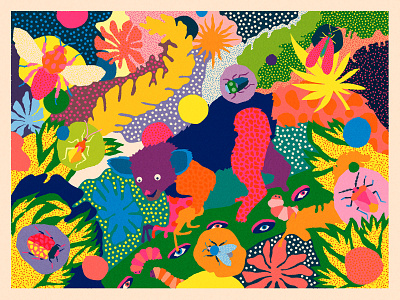 WOBBY - The Cleanout animals animals illustrated aye aye bee bees bug bugs colorful fluorescent forest illustration jungle leaves nature neon outdoors pattern pattern design patterns