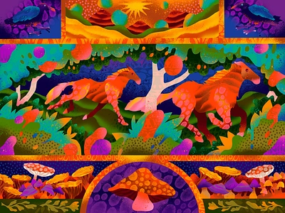 Galloping on a Bed of Dreams brushes forest hiking horse horses illustration ipad ipad art mushroom mushrooms outdoors patterns procreate procreate illustration psychedelic spraypaint texture