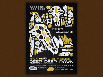 Deep Deep Down show closing poster art custom font dark death design gold illustration limited paper art paper cutout print psychedelic screen print screenprint screenprinted screenprints skulls type typography white