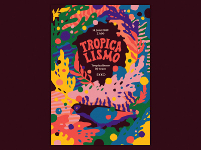 Tropicalismo poster animals custom typography festival forest illustration illustrator lush music music festival parrot party patterns poster design psychedelic rainforest swirl tropical tropical leaves tropicalia typography
