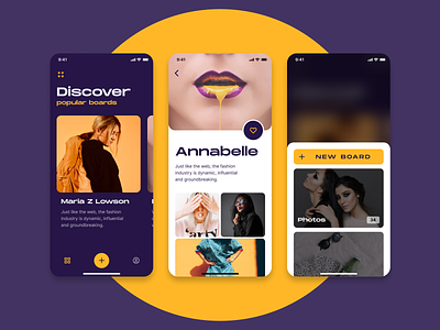 Fashion boards app boards cards fashion mobile modern ui uiux ux yellow