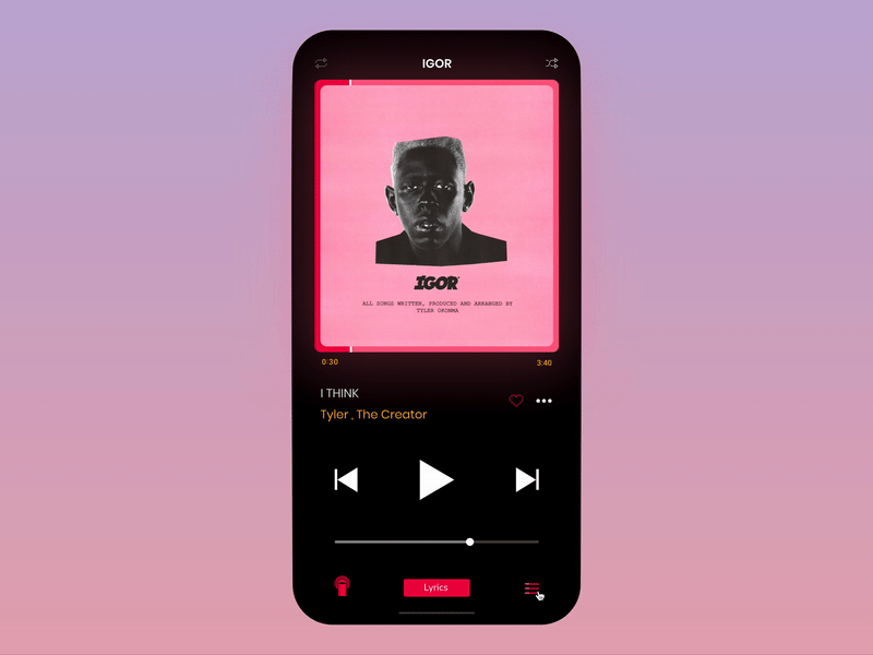 Music Player Animation adobe xd app auto animate design gif igor interaction design ios iphone music music app music player scrubber tyler the creator ui ux