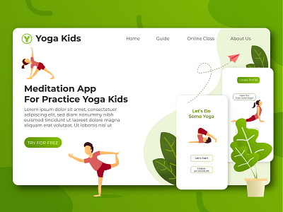 Landing Page Yoga For Kids App animation app background color design flat flatdesign green kids landing landingpage logo meditation nature page vector website yoga yogakids