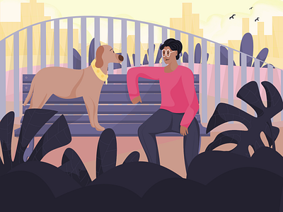 Man's Most Faithful bench character city park colors design dog flat illustration man and dog outdoors sitting vector