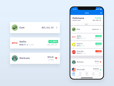 Invstr - Investing app, investments and watchlist home cells abstract android app bitcoin blue crypto trading flat game app investing ios iphone x mobile netflix snapchat starbucks stocks ux ux-ui vector xs