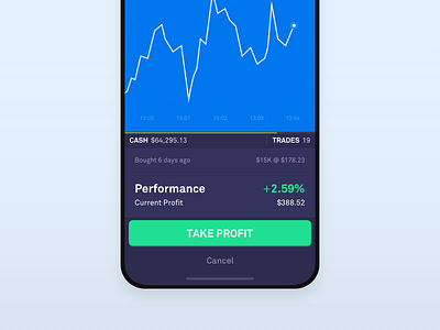 Investing Game Trade Confirmation Overlay abstract android app bitcoin blue button clean crypto flat game investing ios iphone x mobile product purple simple ui ux vector