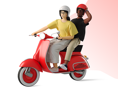 Girl and boy on a moped 3d 3d art design drive illustration moped
