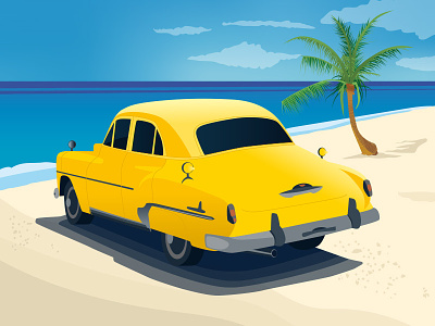 Cuba beach car cuba illustration landscape vector yellow
