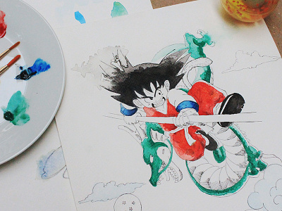 Goku (WIP) angry anime ball black blue cloud dragon fight green red watercolour white