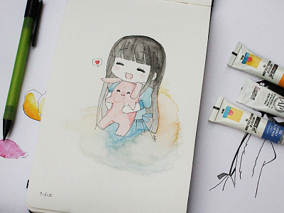 kawaii black blue bunny chibi cute girl happy laugh micron moleskin watercolour white