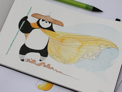 Po bamboo black chinese hat kung fu kung fu panda moleskin panda po watercolour yellow