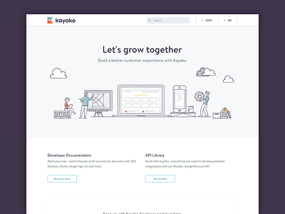 Developer portal api build developer documentation grow illustration kayako library portal together trust ui