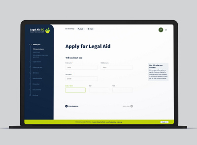 Legal Aid BC Client Portal interface blue branding design drop shadow green login minimal multi step process sidebar ui web