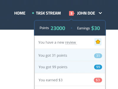 Notifications and earnings drop down list notifications points score status warning
