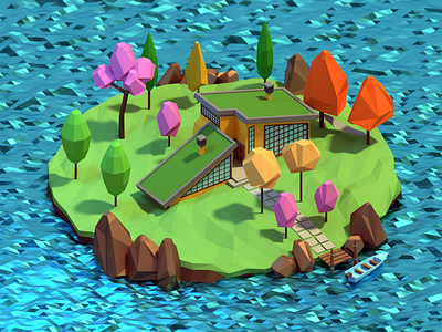 Alone in the island 3d architecture blender building colors house illustration island low poly