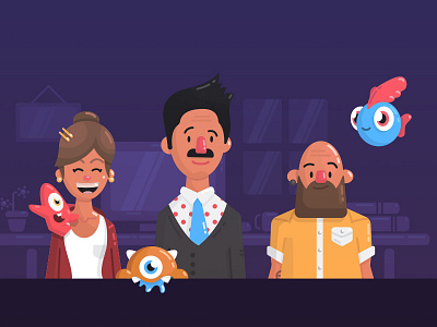 Team Happy beard cute doodle fish girl guy happy hipster landing page monsters team teamwork