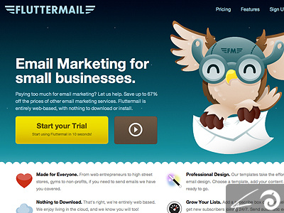 Fluttermail Website art bird blue brown illustration illustrator night owl website white