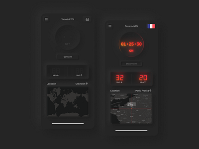 Tamarind VPN App on Dark app branding dark design lights neomorphism neumorphic ui ux