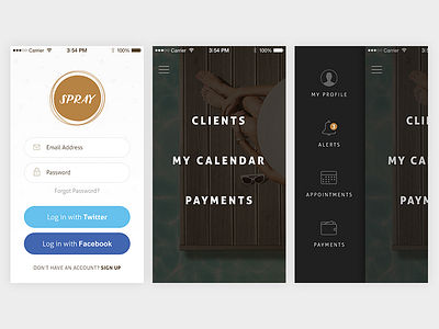 Spray App app dark design ios iphone light login menu profile sidebar ui ux