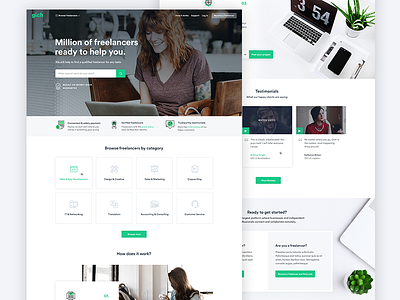 Home Page of The Freelance Platform categories creative design freelance green home page project ui ux web design