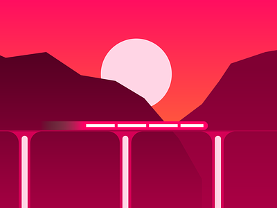 Train bridge design fast gradient hills illustration landscape orange pink sun sunrise sunset track train vector