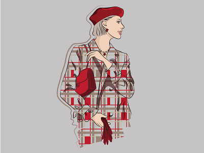 A girl in a stylish coat, beret, with a handbag and gloves adobe illustrator bag beauty beret brown coat design fashion gloves gray hairstyle illustration mood outline red shape sketch style template vector