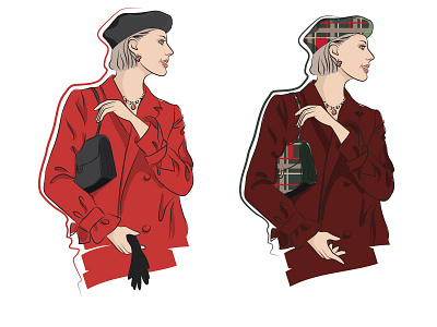 A girl in a stylish coat, beret, with a handbag and gloves adobe illustrator bag beauty beret brown coat design fashion gloves gray hairstyle illustration mood outline red shape sketch style template vector