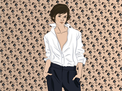 Brunette girl in a stylish white shirt and trousers adobe illustrator beauty black blue brunette design fashion grey hairstyle illustration mood outline pants pattern print shape sketch style vector white shirt