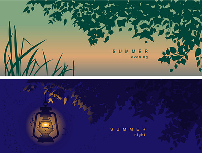 Image of nature at different times of the night, evening adobe illustrator banner branches cover evening facebook grass greenery header lamp lantern light mosquitoes night reeds river summer sunset title vacation