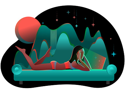 A girl on the couch watching a movie from a laptop. Stay at home adobe illustrator art girl gradient graphic illustration laptop moon mountains night