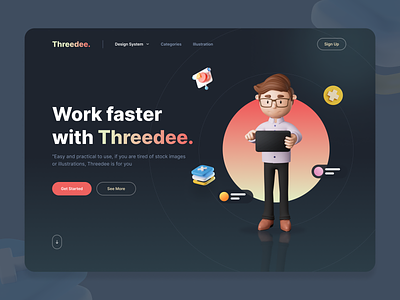 Threedee. 3d branding dark dark theme design agency flat header heroheader illustration landing page logo minimal nft threedee trending typography ui ux