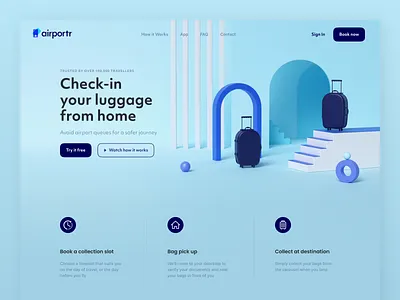 Airportr — Travel Service Landing Page 3d abstract airplane airport airportr bag baggage blue book landing landing page luggage plane suitcase travel ui web