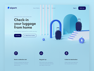 Airportr — Travel Service Landing Page 3d abstract airplane airport airportr bag baggage blue book landing landing page luggage plane suitcase travel ui web
