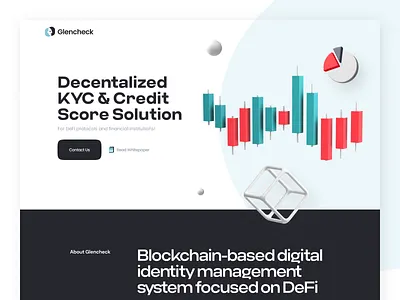 Glencheck — Decentralized KYC Landing Page 3d aml blockchain candlestick chart credit decentralized defi investment japan kyc landing landing page protocol score scoring ui web white