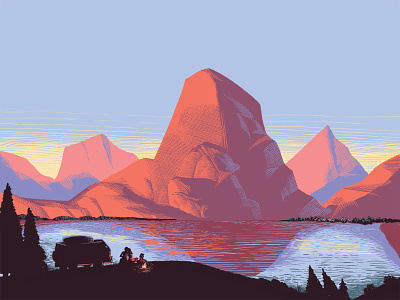 #VanLife digital editorial illustration landscape mountains national park painting vanlife volkswagen