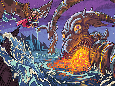 Børk vs Kraken action cartoon comics dog illustration kraken pug sea viking viking pug