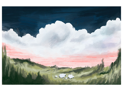 thunder and sheep art artist cloud dawn design draw drawing forest illustration nature painting sheep sky thunder