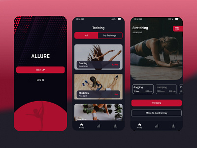 Trainings app black theme design mobile app sport stretching trainings ui ux design