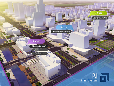 3d visualization designed for "PJ" city plan system. 3d area bridge building china city dof icon info infomation liushui mall message plan planning river road shine sunshine system tip ui urban visualization visualize