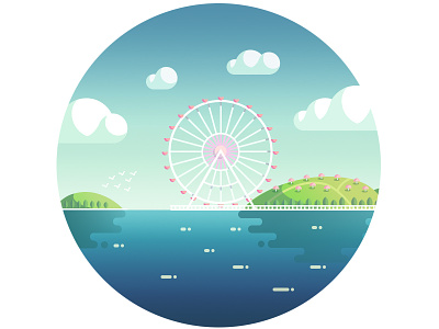 Ferris wheel city cloud ferris happy hill illustration lake valley water wheel