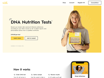 vitl DNA test re-design brand branding figma fitness health landing page mobile userinterface website website builder website concept website design yellow