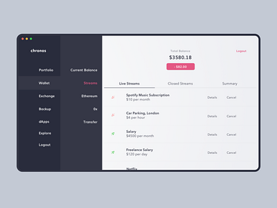 Crypto wallet for streaming payments branding design sketch ui ux