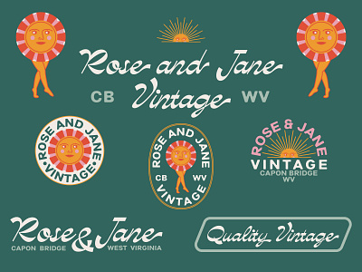 Rose & Jane Branding badge brand identity branding character dancing illustration logo scriptfont sun sunrise vintage west virginia
