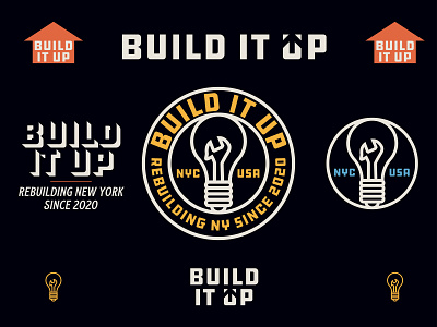 Build It Up badge brand identity branding build builder building contractor icon illustration light bulb logo typography wrench