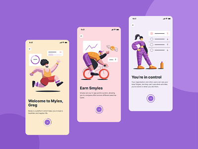 Onboarding Screens | Wellbeing and Sport App application design cycling health illustration mobile app mobile onboarding onboarding running sport sport app ui ux ux prototyping wellbeing