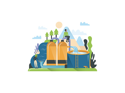 Drinking Water Treatment design drawing drinking flat illustration mountains nature people treatment tree vector water