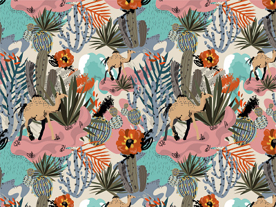 Oasis pattern cactus camel desert design drawing fashion illustration nature oasis pattern plant surface vector