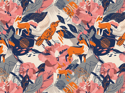 Fox pattern bird design drawing flower fox illustration pattern peonies pink surface vector