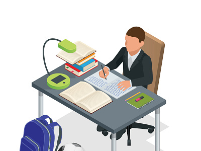 Isometric illustration of a student at the table, writes in a no isometric lessons student table vector